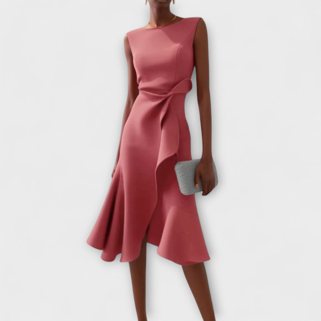 McKenna | Vestido midi femenino con drapeado y corte asimétrico