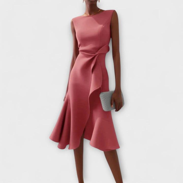 McKenna | Vestido midi femenino con drapeado y corte asimétrico
