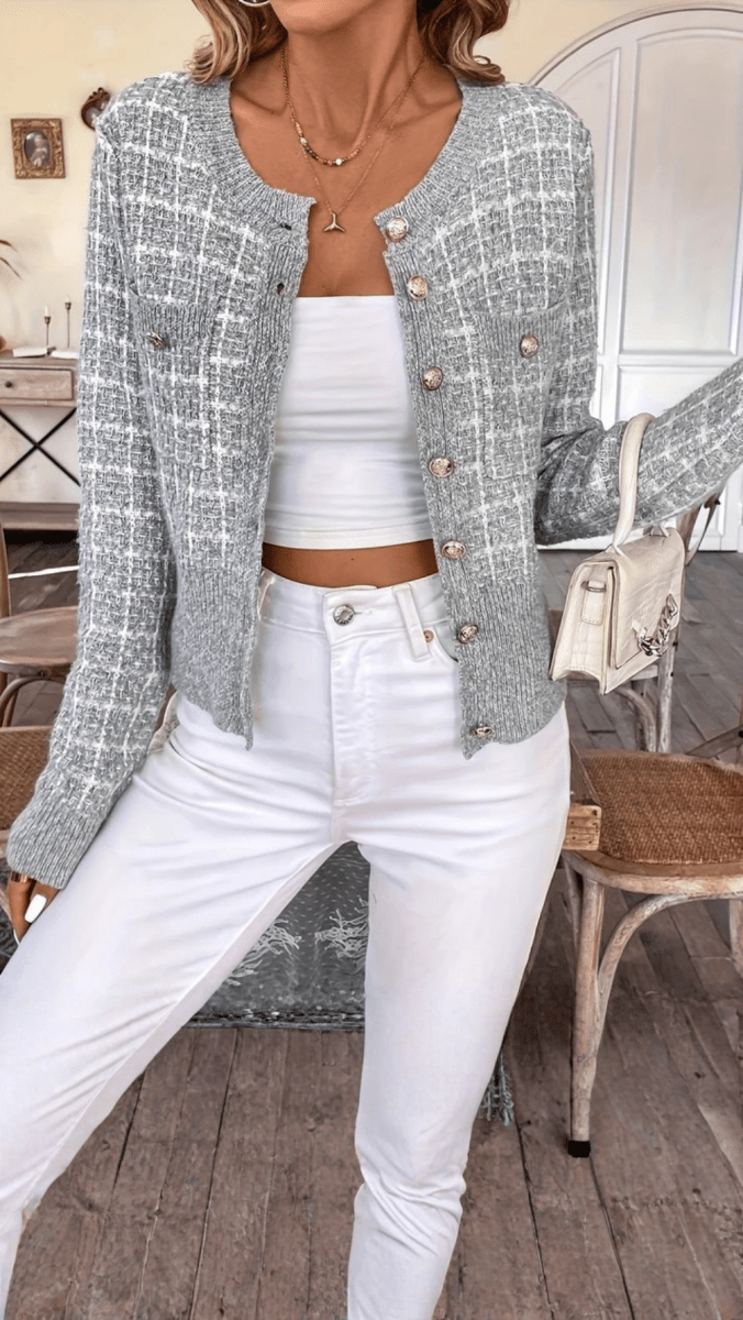 Marina | Cárdigan de punto para mujer con estampado de cuadros y botones