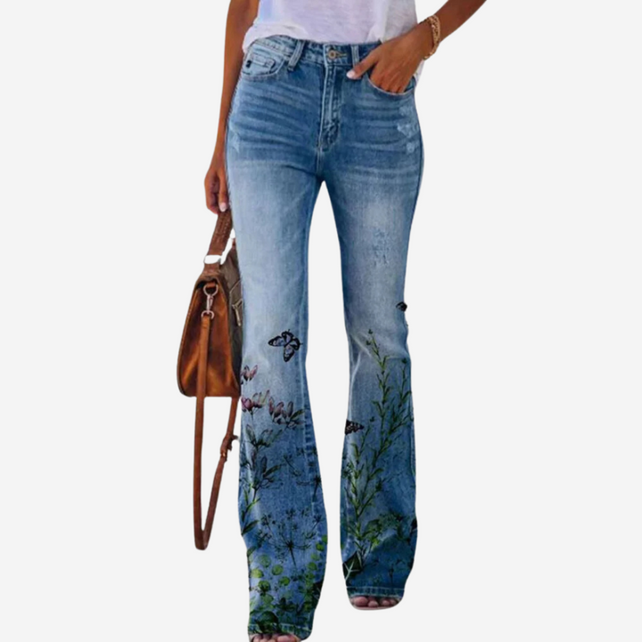 Oliwia - Pantalones de campana modernos con patrones florales y artísticos únicos