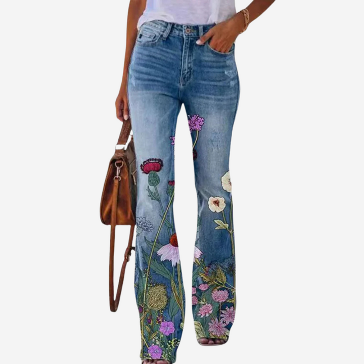 Oliwia - Pantalones de campana modernos con patrones florales y artísticos únicos