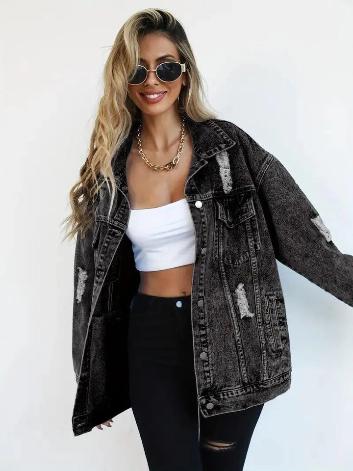 Megan | Chaqueta de mezclilla oversize para mujer con desgastes, estilo moderno y casual