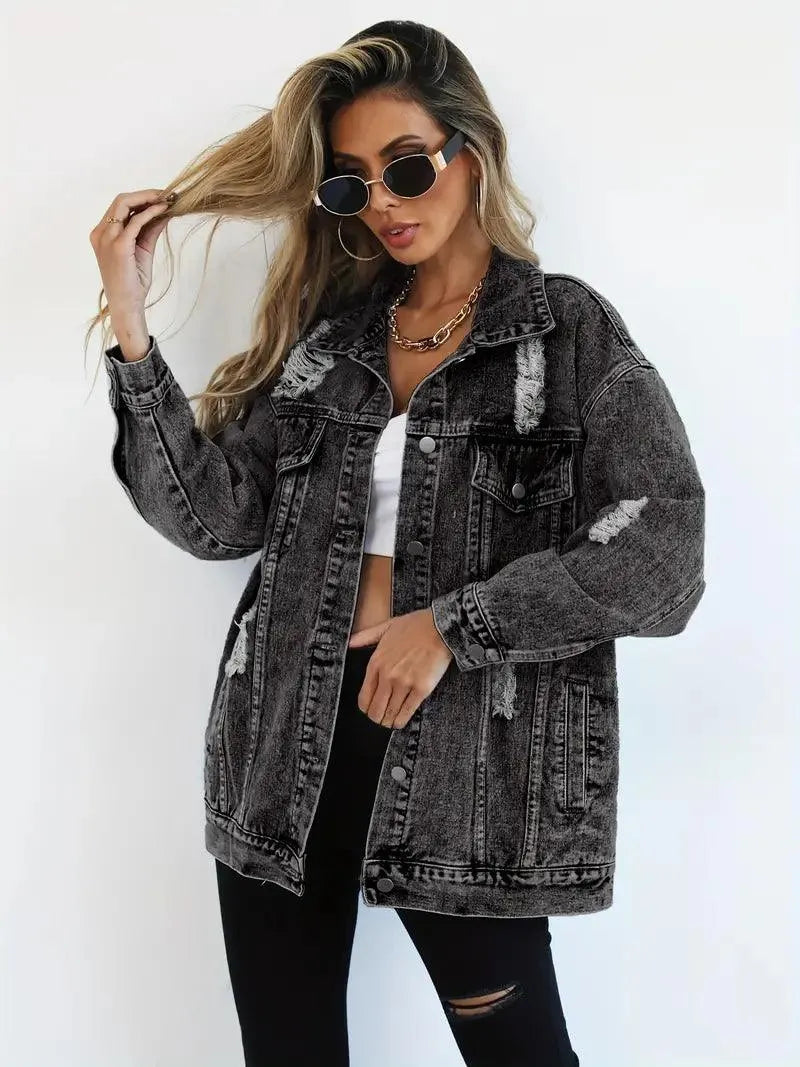 Megan | Chaqueta de mezclilla oversize para mujer con desgastes, estilo moderno y casual