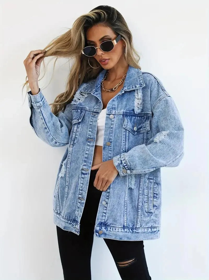 Megan | Chaqueta de mezclilla oversize para mujer con desgastes, estilo moderno y casual
