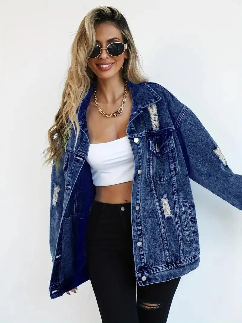 Megan | Chaqueta de mezclilla oversize para mujer con desgastes, estilo moderno y casual