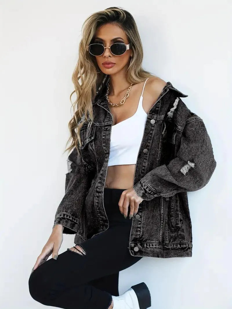 Megan | Chaqueta de mezclilla oversize para mujer con desgastes, estilo moderno y casual