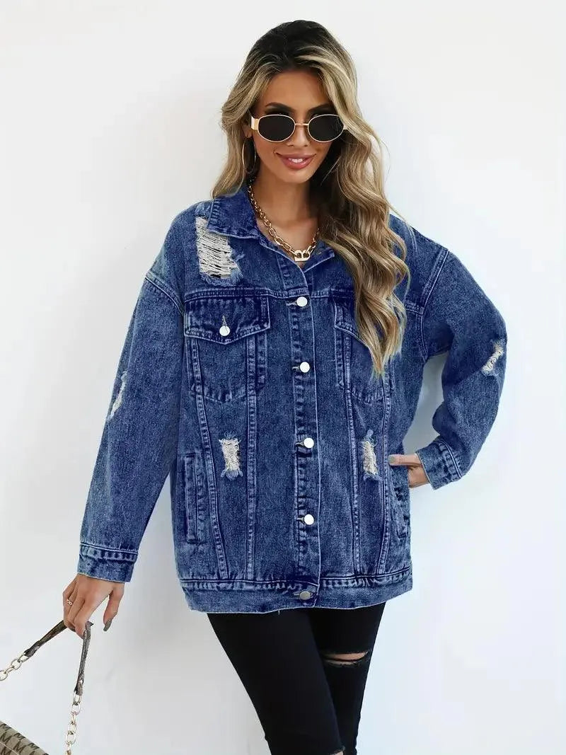 Megan | Chaqueta de mezclilla oversize para mujer con desgastes, estilo moderno y casual