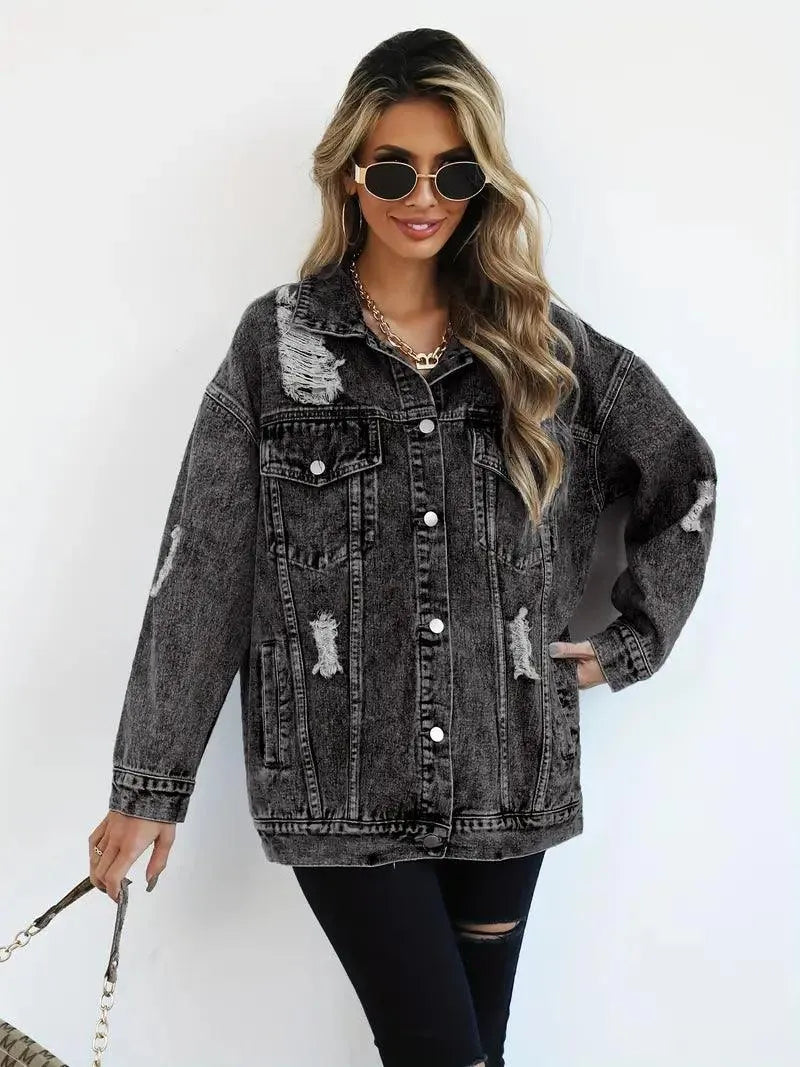 Megan | Chaqueta de mezclilla oversize para mujer con desgastes, estilo moderno y casual