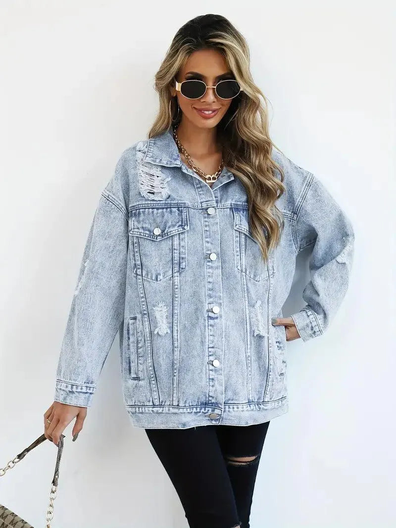 Megan | Chaqueta de mezclilla oversize para mujer con desgastes, estilo moderno y casual