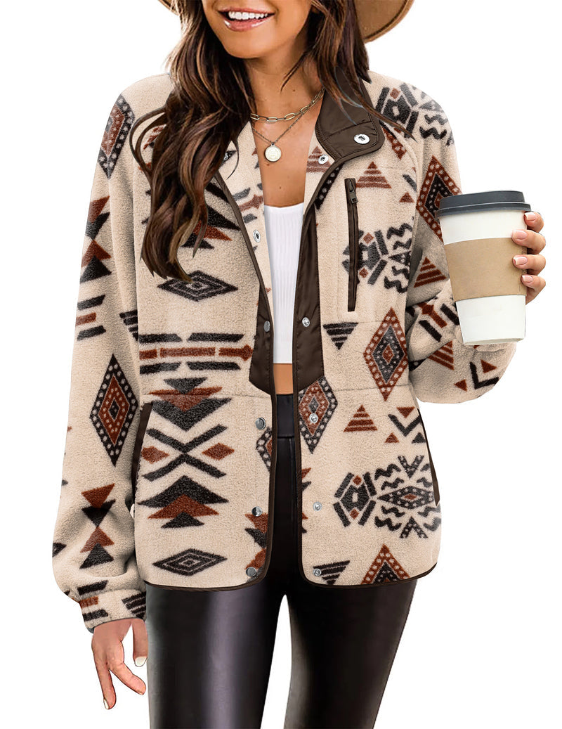 Zara | Chaqueta polar acogedora para mujer con diseño western de patrón azteca, estilo cálido y casual