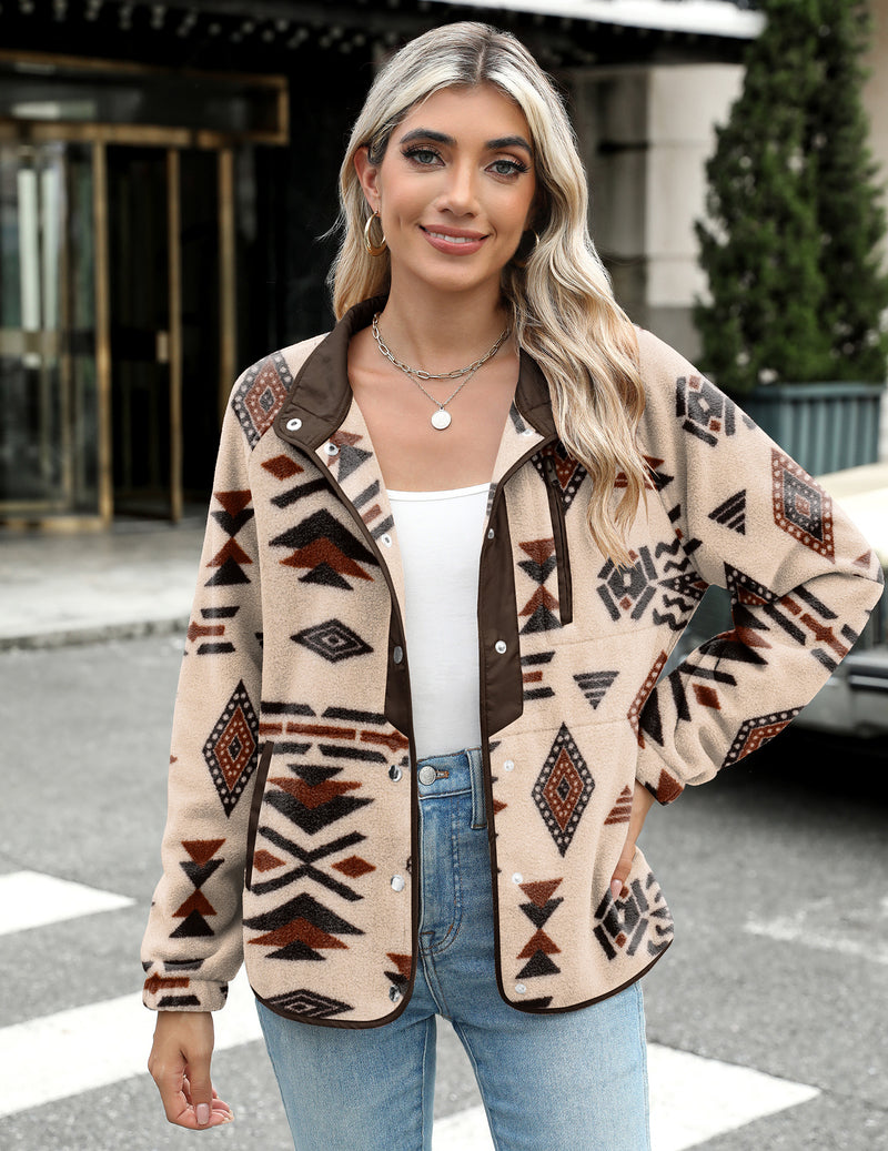 Zara | Chaqueta polar acogedora para mujer con diseño western de patrón azteca, estilo cálido y casual
