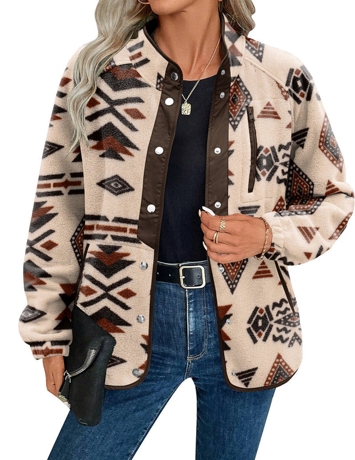 Zara | Chaqueta polar acogedora para mujer con diseño western de patrón azteca, estilo cálido y casual