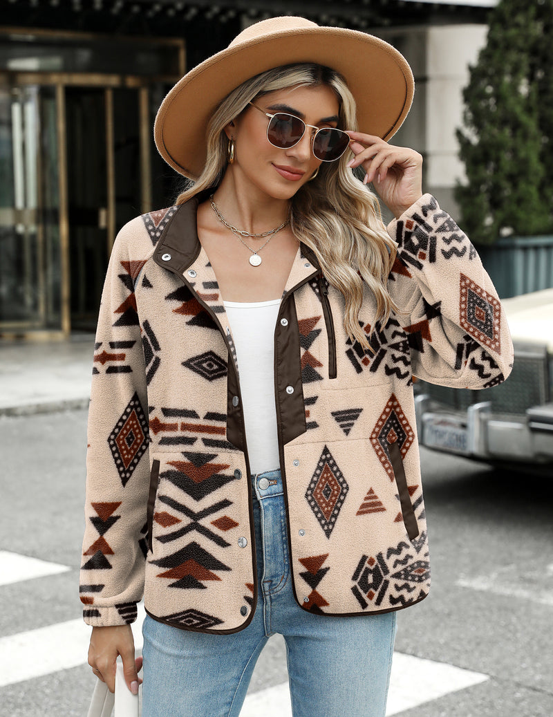 Zara | Chaqueta polar acogedora para mujer con diseño western de patrón azteca, estilo cálido y casual