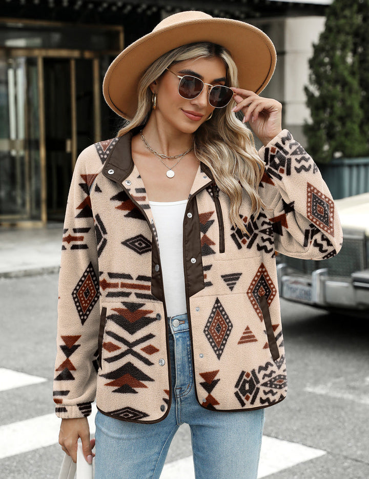 Zara | Chaqueta polar acogedora para mujer con diseño western de patrón azteca, estilo cálido y casual