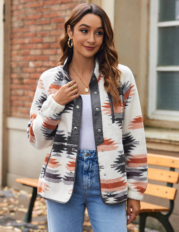 Zara | Chaqueta polar acogedora para mujer con diseño western de patrón azteca, estilo cálido y casual