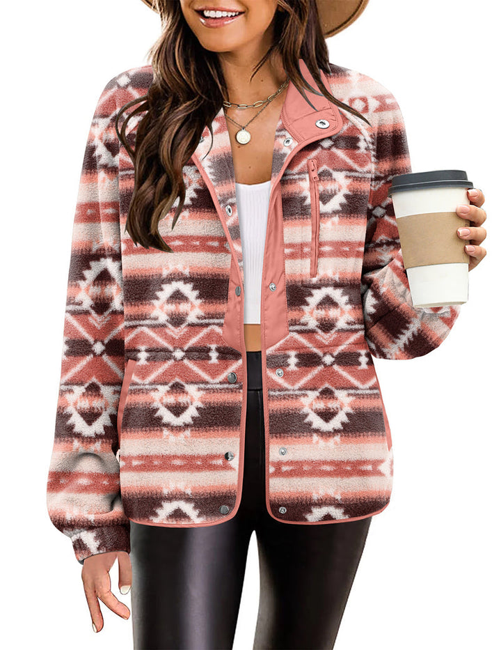 Zara | Chaqueta polar acogedora para mujer con diseño western de patrón azteca, estilo cálido y casual