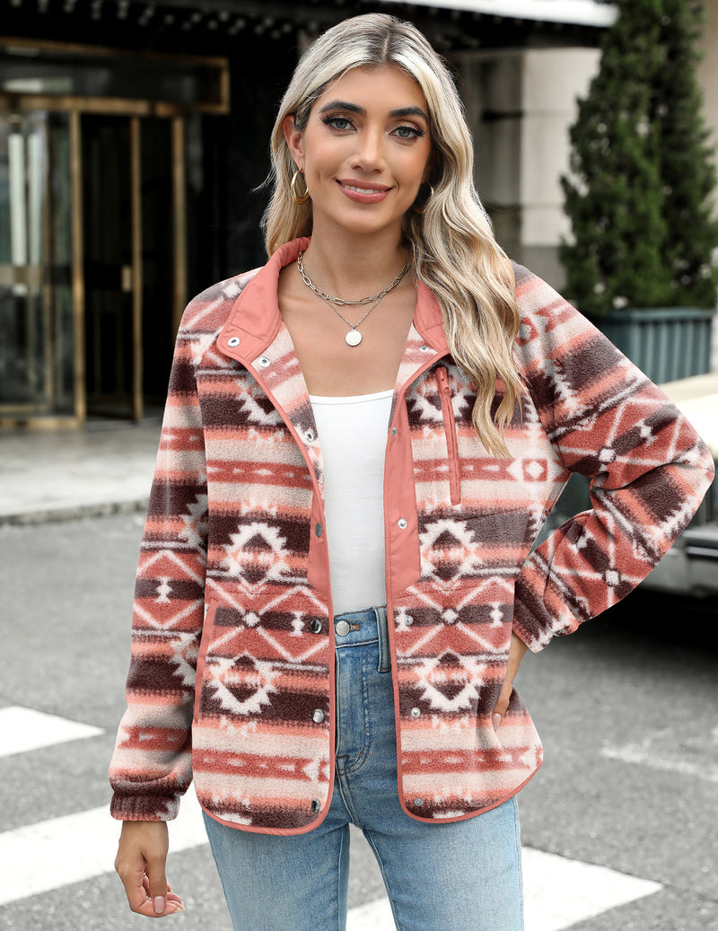 Zara | Chaqueta polar acogedora para mujer con diseño western de patrón azteca, estilo cálido y casual