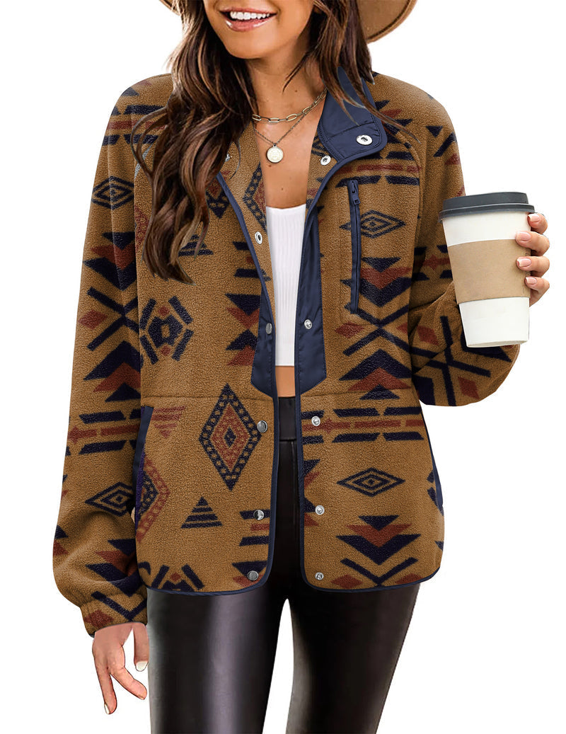 Zara | Chaqueta polar acogedora para mujer con diseño western de patrón azteca, estilo cálido y casual