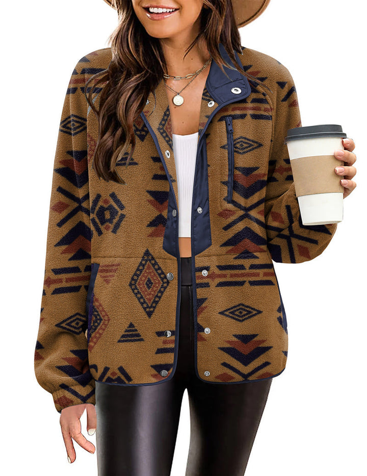 Zara | Chaqueta polar acogedora para mujer con diseño western de patrón azteca, estilo cálido y casual