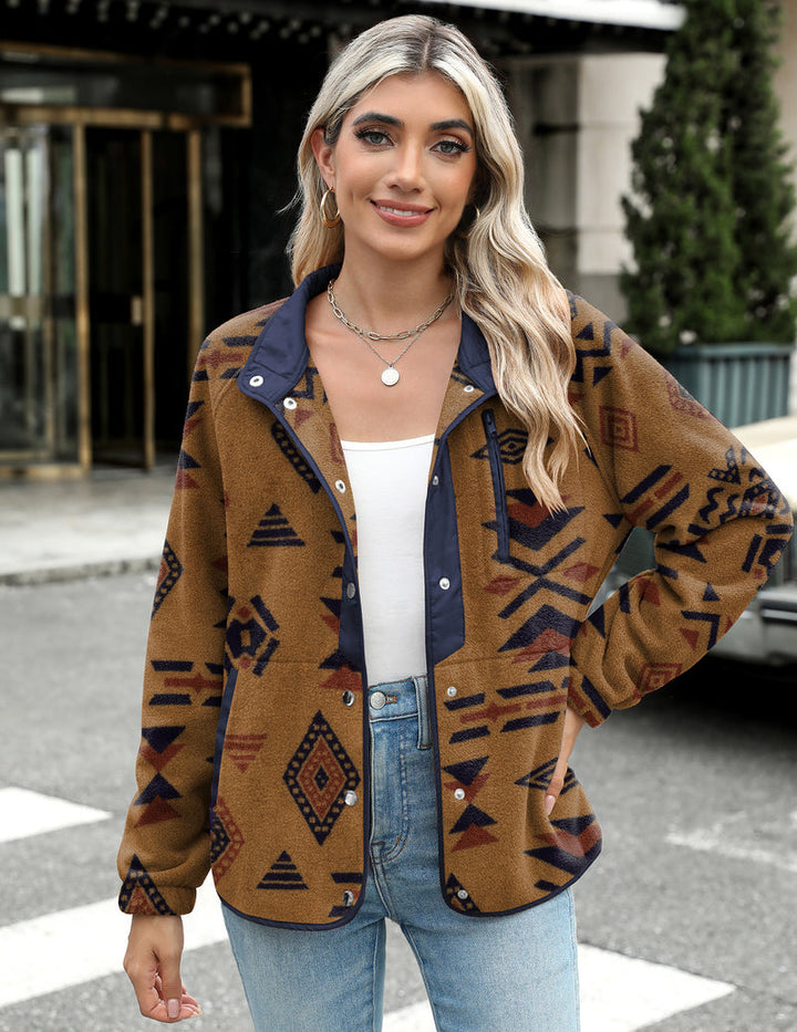 Zara | Chaqueta polar acogedora para mujer con diseño western de patrón azteca, estilo cálido y casual