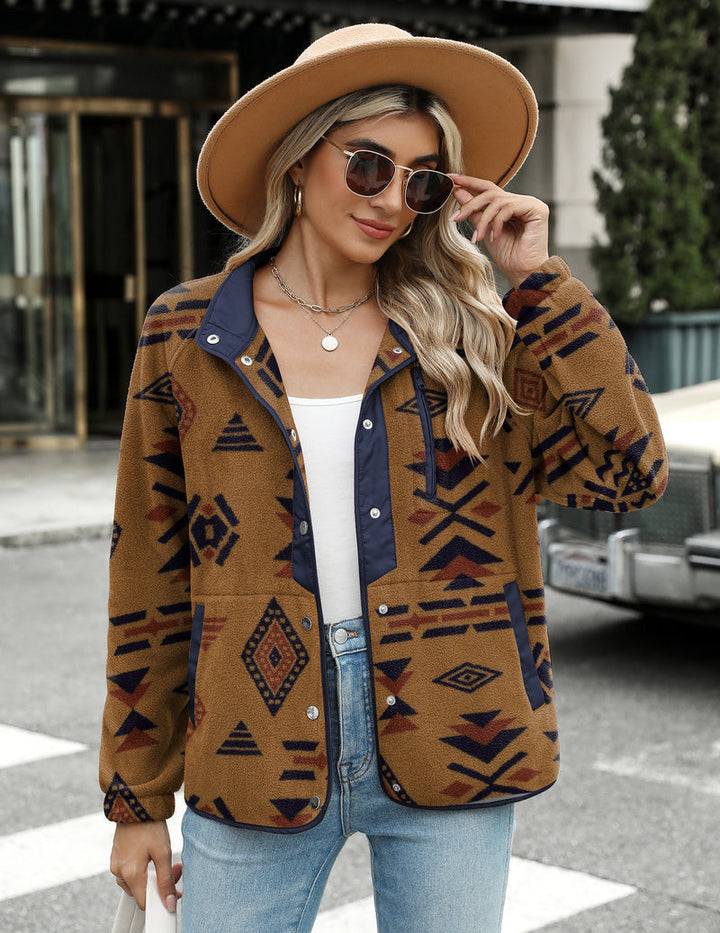 Zara | Chaqueta polar acogedora para mujer con diseño western de patrón azteca, estilo cálido y casual