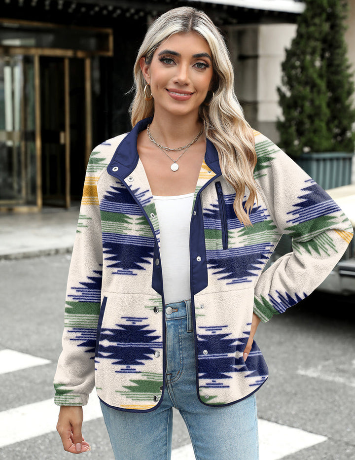 Zara | Chaqueta polar acogedora para mujer con diseño western de patrón azteca, estilo cálido y casual