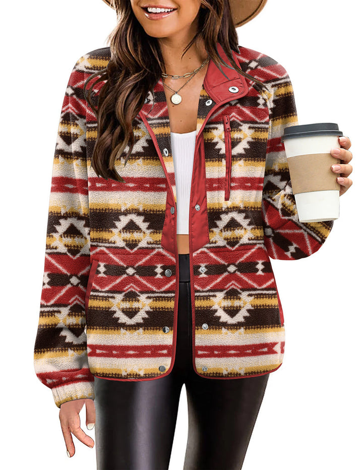 Zara | Chaqueta polar acogedora para mujer con diseño western de patrón azteca, estilo cálido y casual