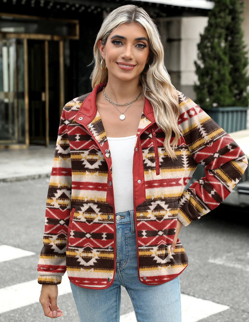 Zara | Chaqueta polar acogedora para mujer con diseño western de patrón azteca, estilo cálido y casual