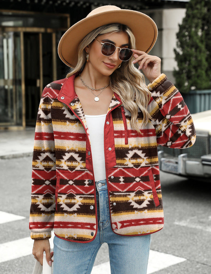 Zara | Chaqueta polar acogedora para mujer con diseño western de patrón azteca, estilo cálido y casual