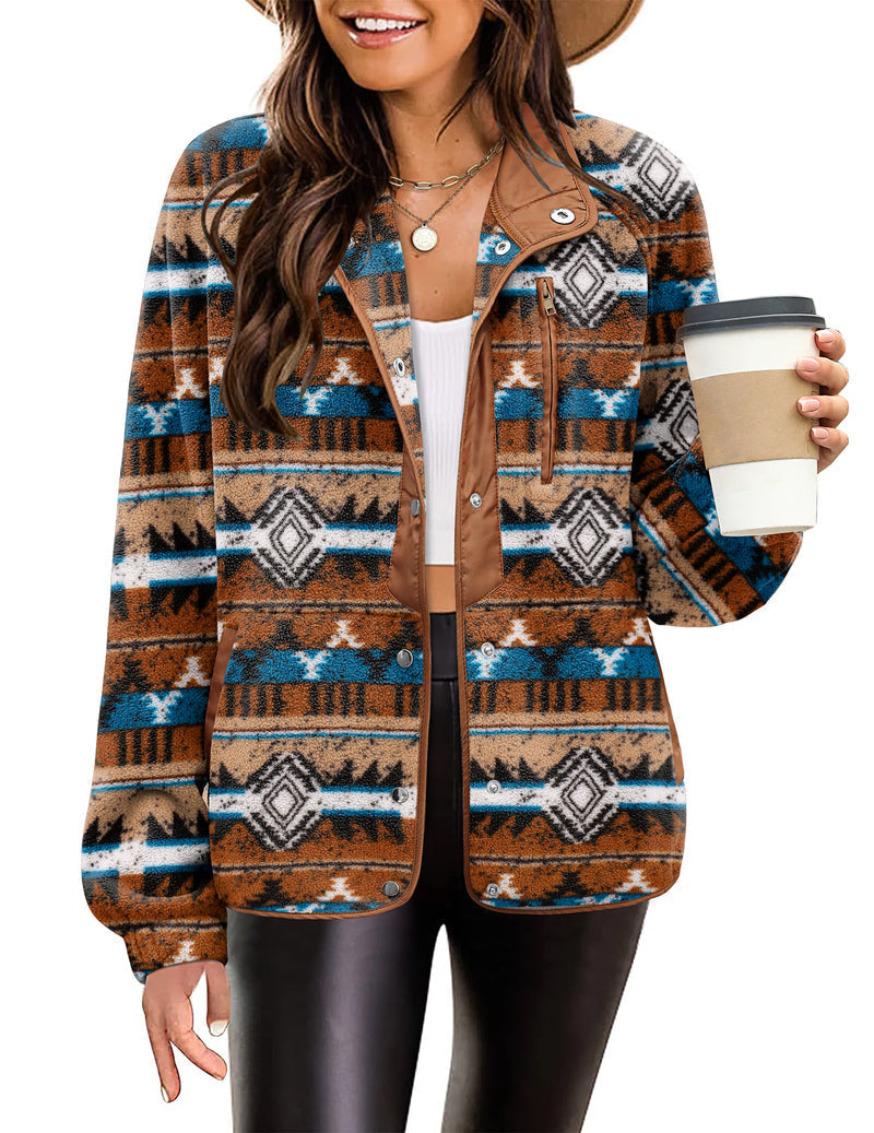Zara | Chaqueta polar acogedora para mujer con diseño western de patrón azteca, estilo cálido y casual