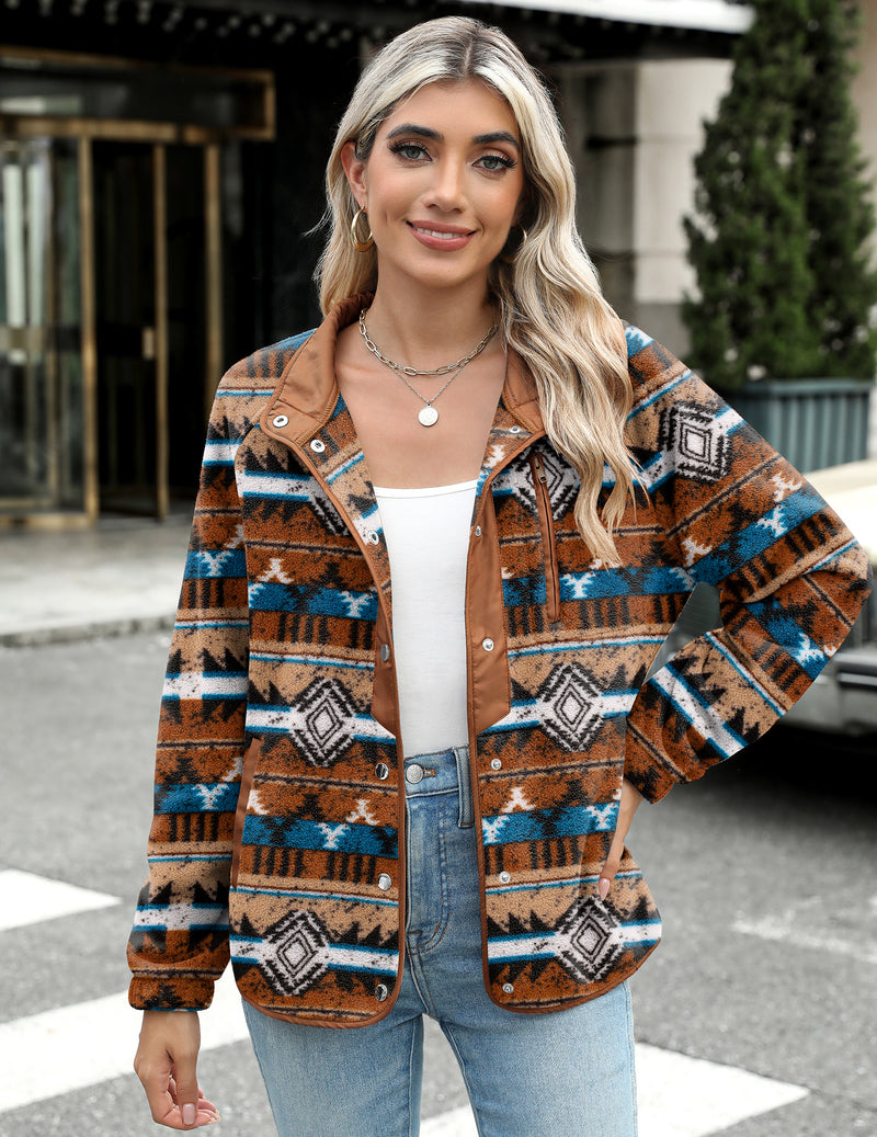 Zara | Chaqueta polar acogedora para mujer con diseño western de patrón azteca, estilo cálido y casual