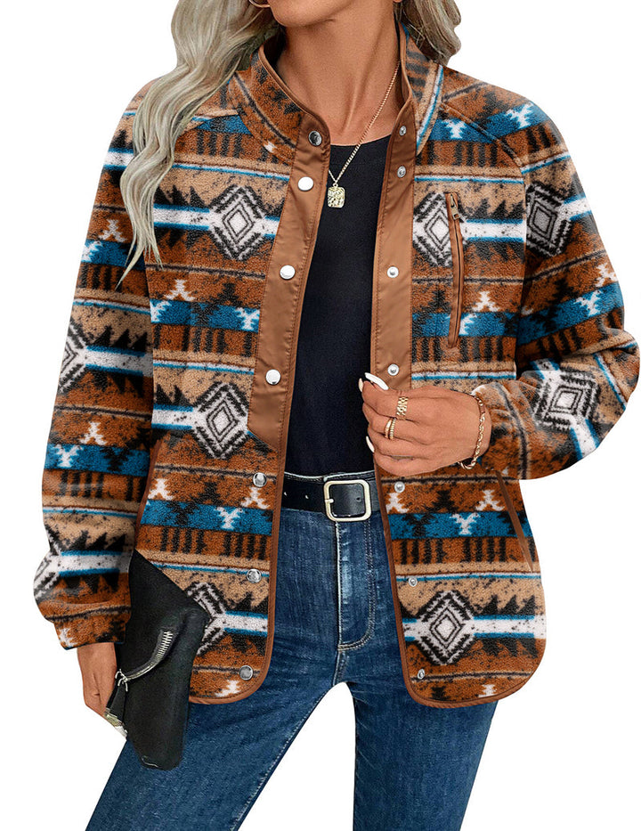 Zara | Chaqueta polar acogedora para mujer con diseño western de patrón azteca, estilo cálido y casual