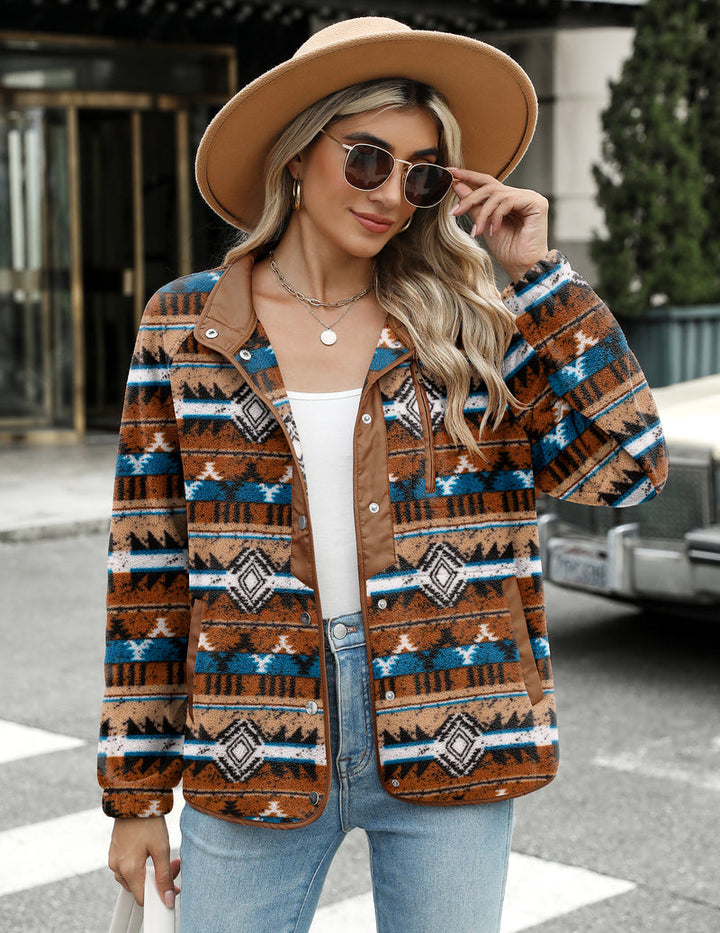 Zara | Chaqueta polar acogedora para mujer con diseño western de patrón azteca, estilo cálido y casual
