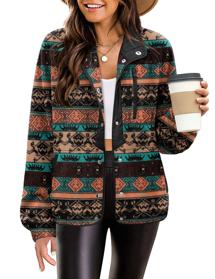 Zara | Chaqueta polar acogedora para mujer con diseño western de patrón azteca, estilo cálido y casual