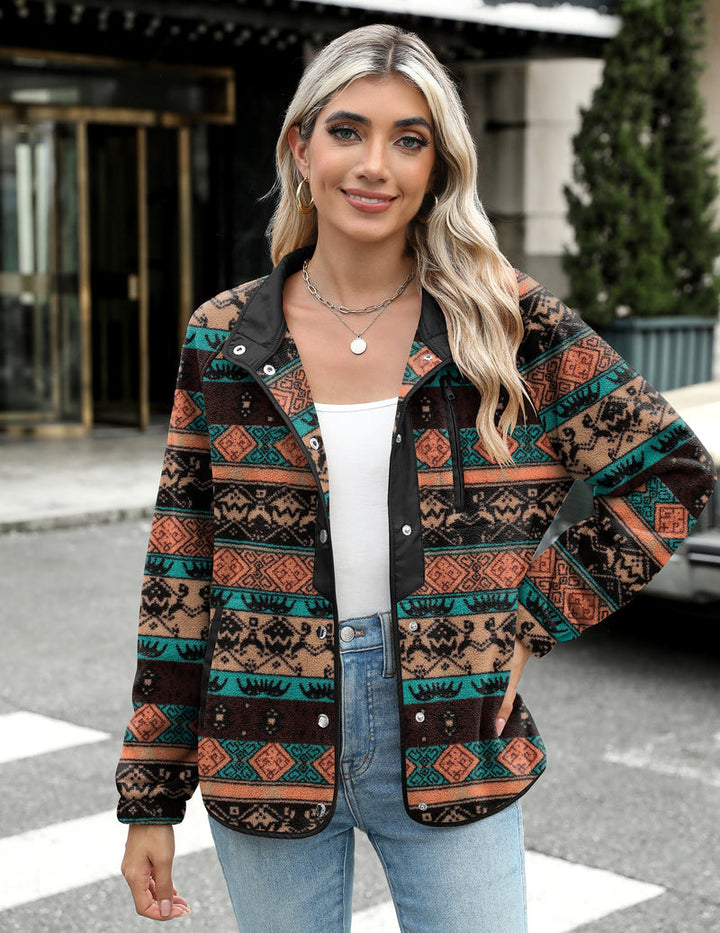 Zara | Chaqueta polar acogedora para mujer con diseño western de patrón azteca, estilo cálido y casual