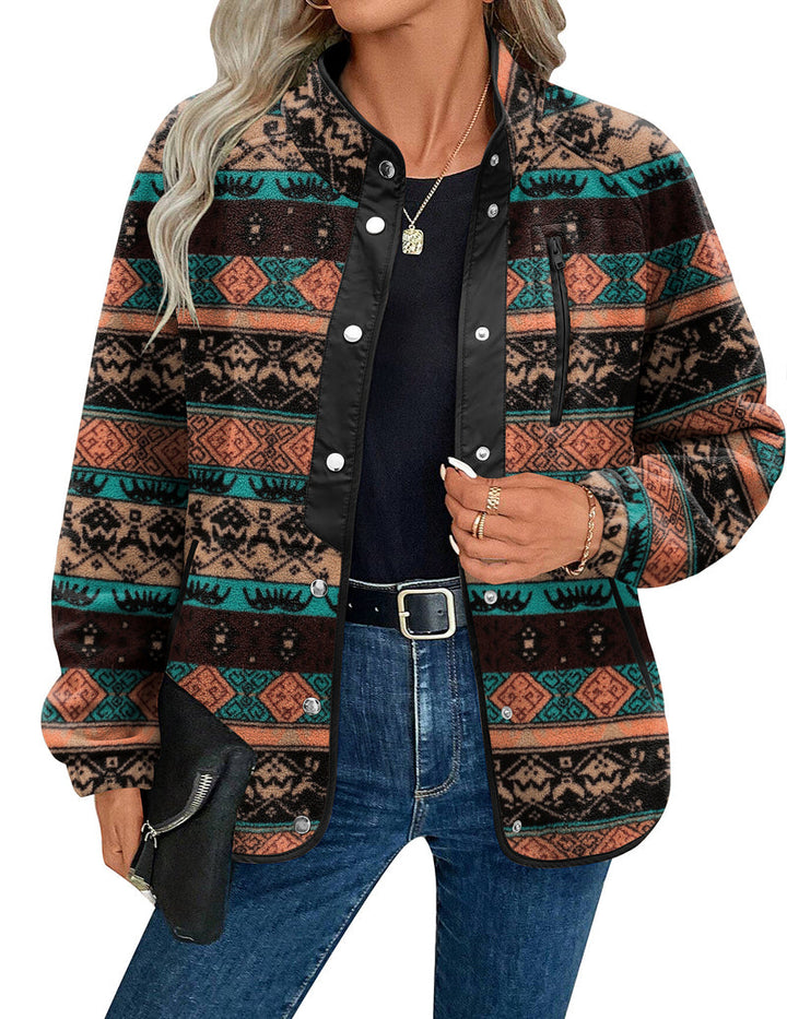 Zara | Chaqueta polar acogedora para mujer con diseño western de patrón azteca, estilo cálido y casual