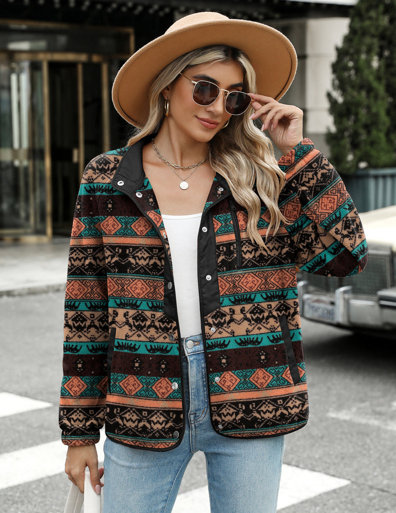 Zara | Chaqueta polar acogedora para mujer con diseño western de patrón azteca, estilo cálido y casual
