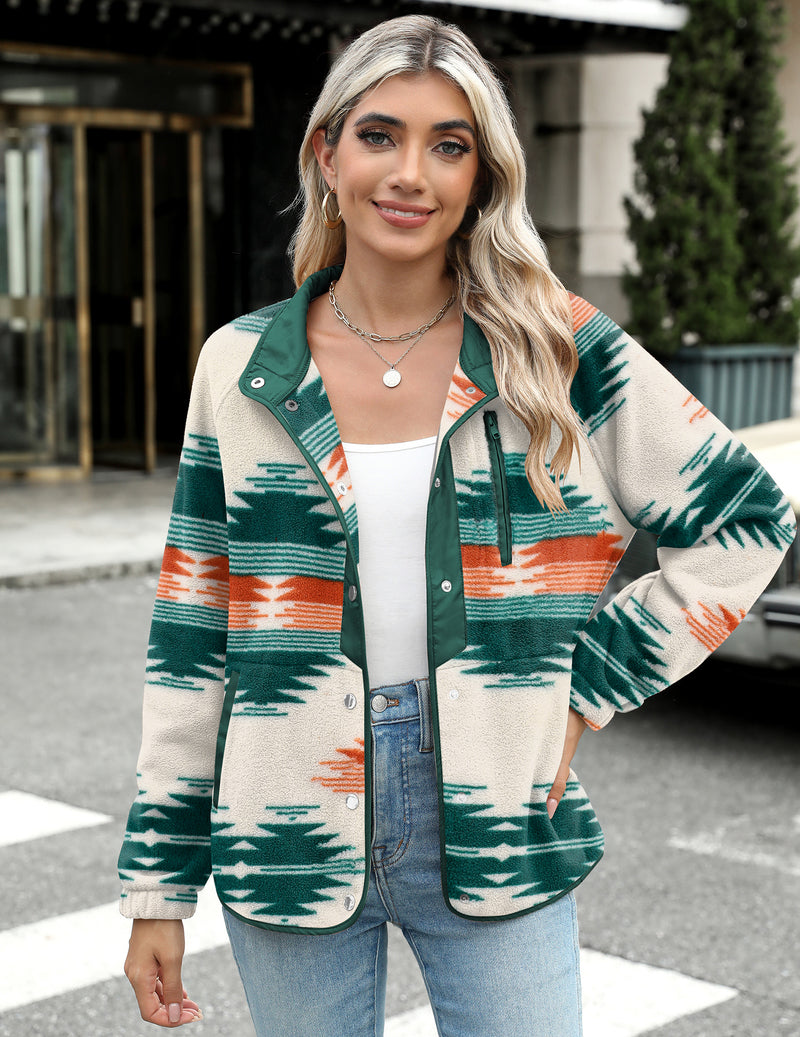 Zara | Chaqueta polar acogedora para mujer con diseño western de patrón azteca, estilo cálido y casual