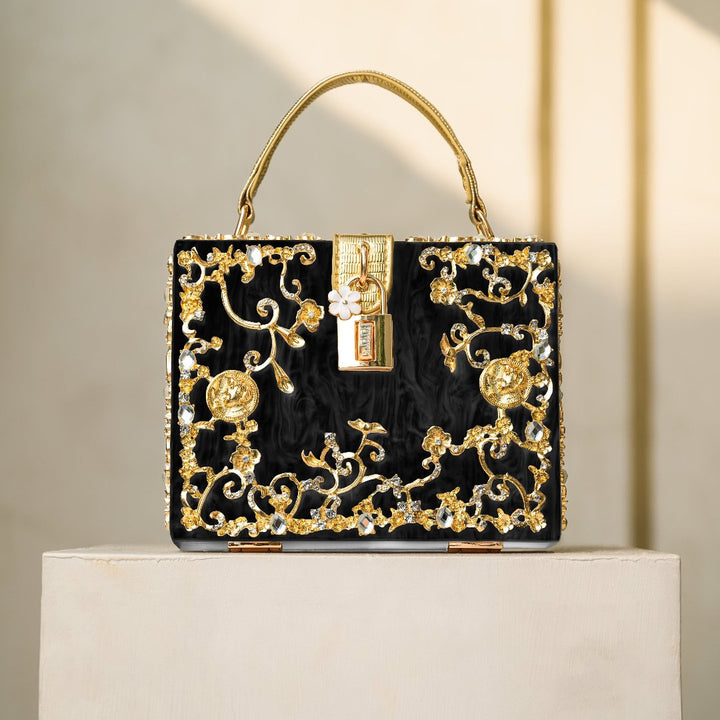 Cathy | Bolsa de caja exclusiva, diseño de lujo, detalles florales dorados, elegante cierre metálico
