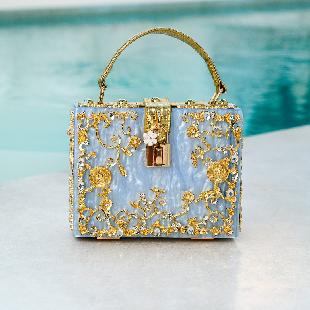 Cathy | Bolsa de caja exclusiva, diseño de lujo, detalles florales dorados, elegante cierre metálico