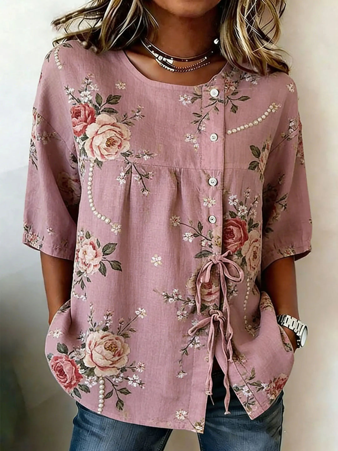 Alvina | Blusa de mujer con escote redondo y lazo lateral casual y estilosa