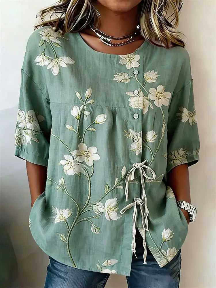 Alvina | Blusa de mujer con escote redondo y lazo lateral casual y estilosa