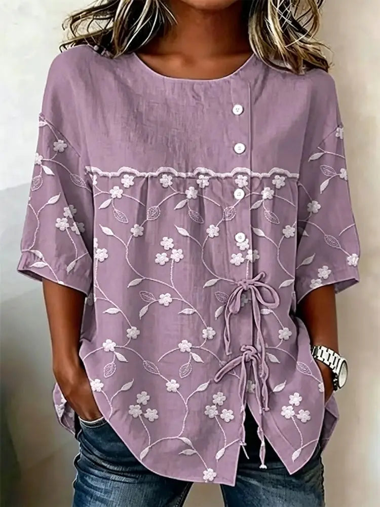 Alvina | Blusa de mujer con escote redondo y lazo lateral casual y estilosa