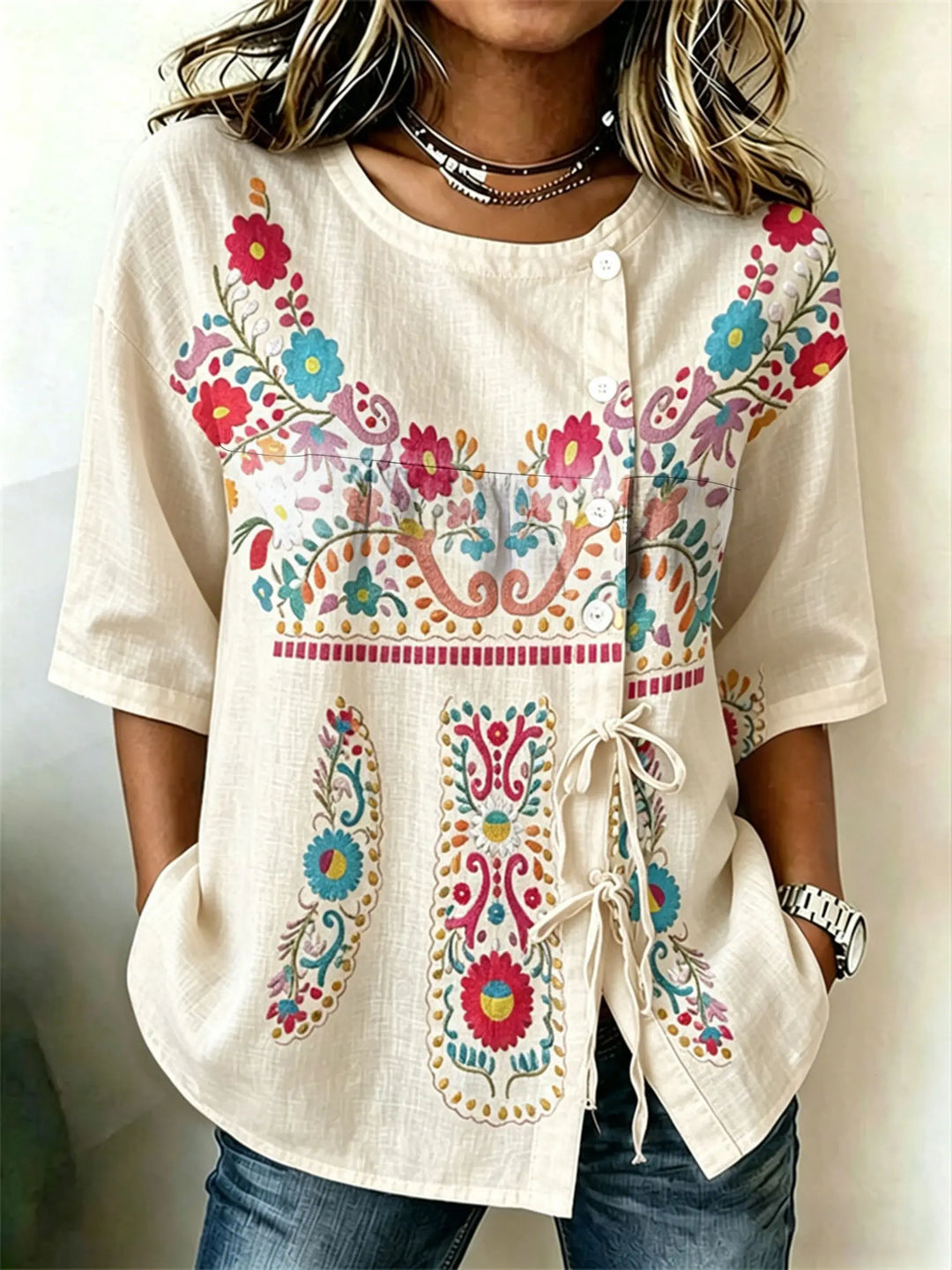 Alvina | Blusa de mujer con escote redondo y lazo lateral casual y estilosa
