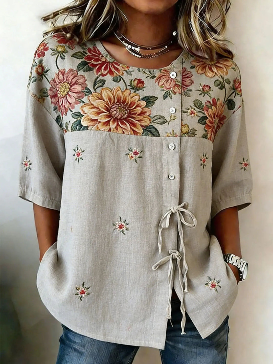 Alvina | Blusa de mujer con escote redondo y lazo lateral casual y estilosa