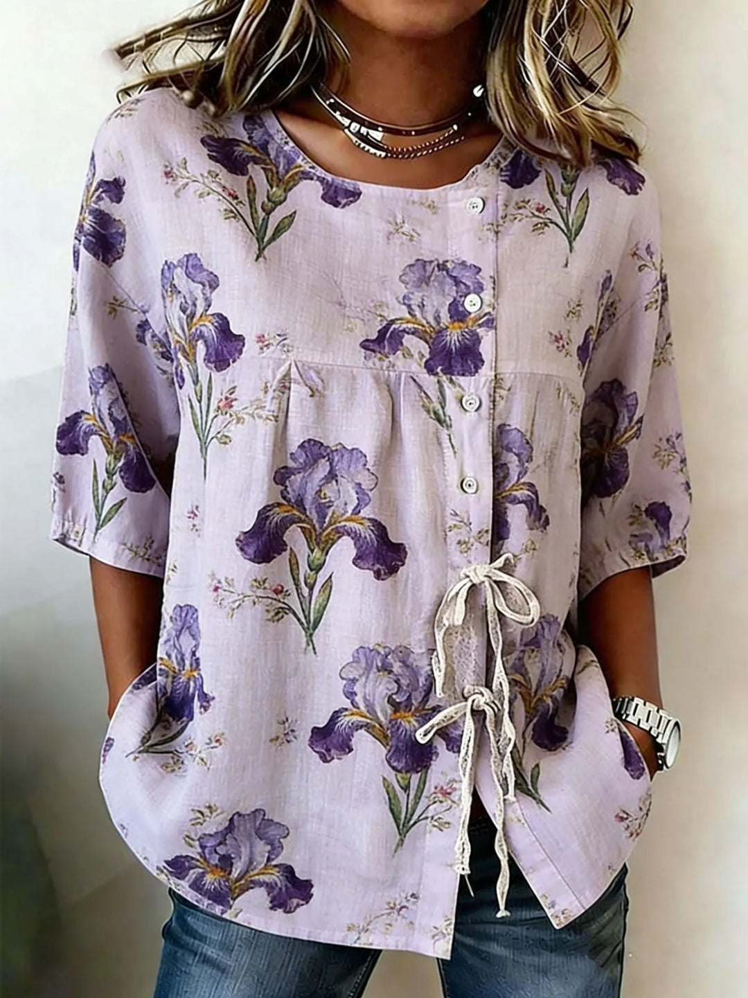 Alvina | Blusa de mujer con escote redondo y lazo lateral casual y estilosa