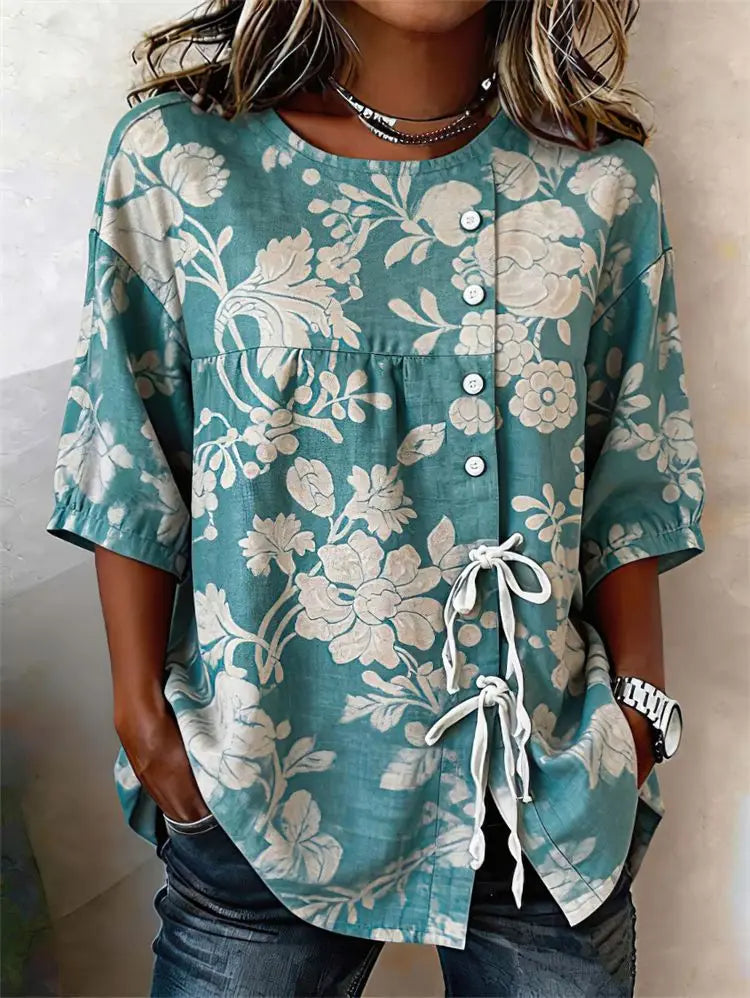 Alvina | Blusa de mujer con escote redondo y lazo lateral casual y estilosa