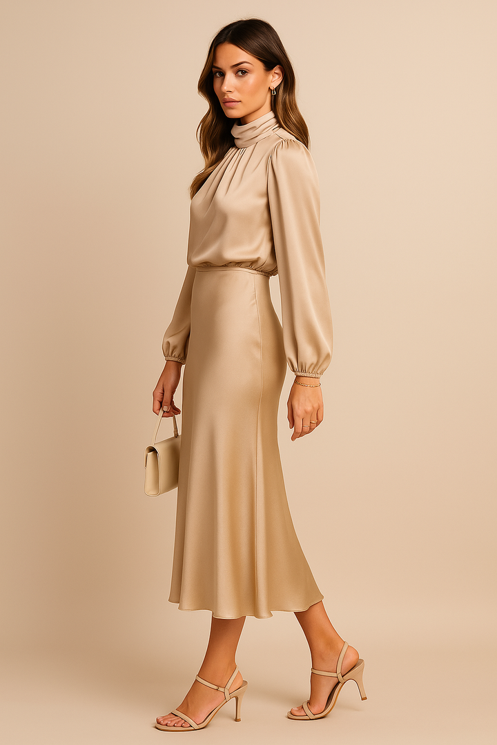 Olivia | Vestido midi elegante con cuello alto para bodas y eventos