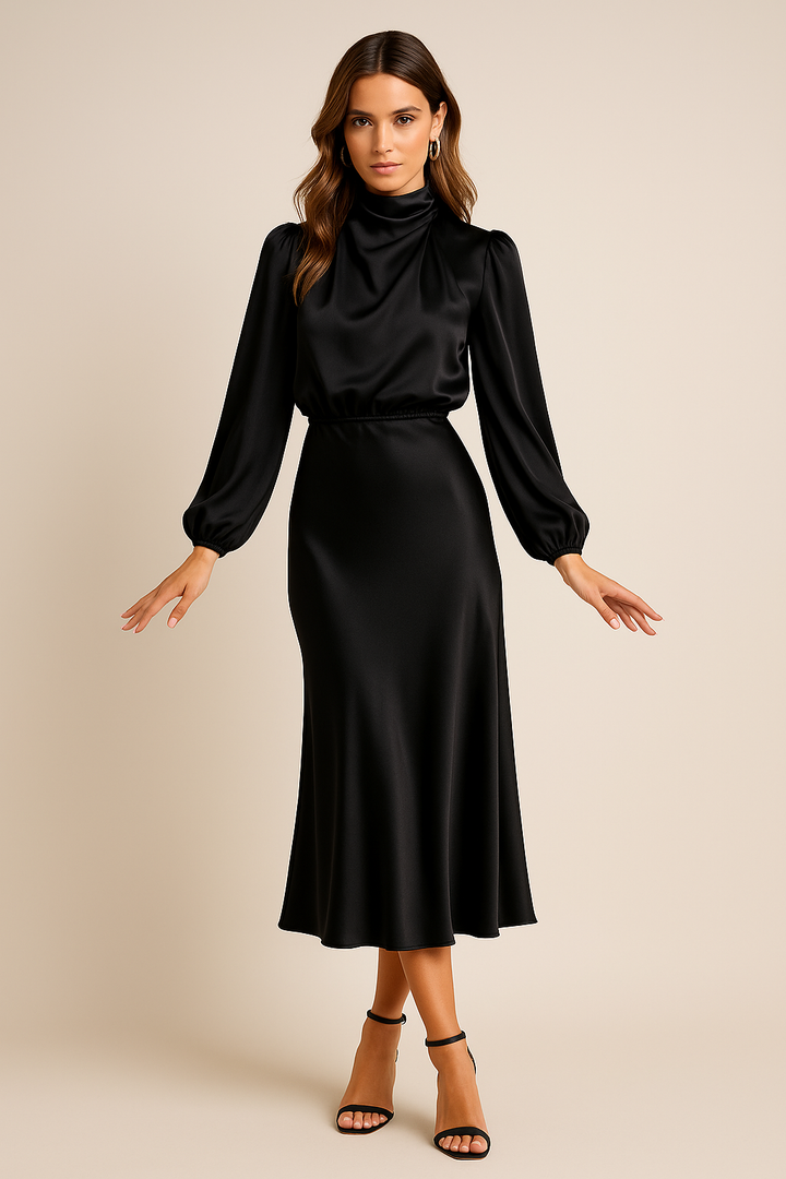 Olivia | Vestido midi elegante con cuello alto para bodas y eventos