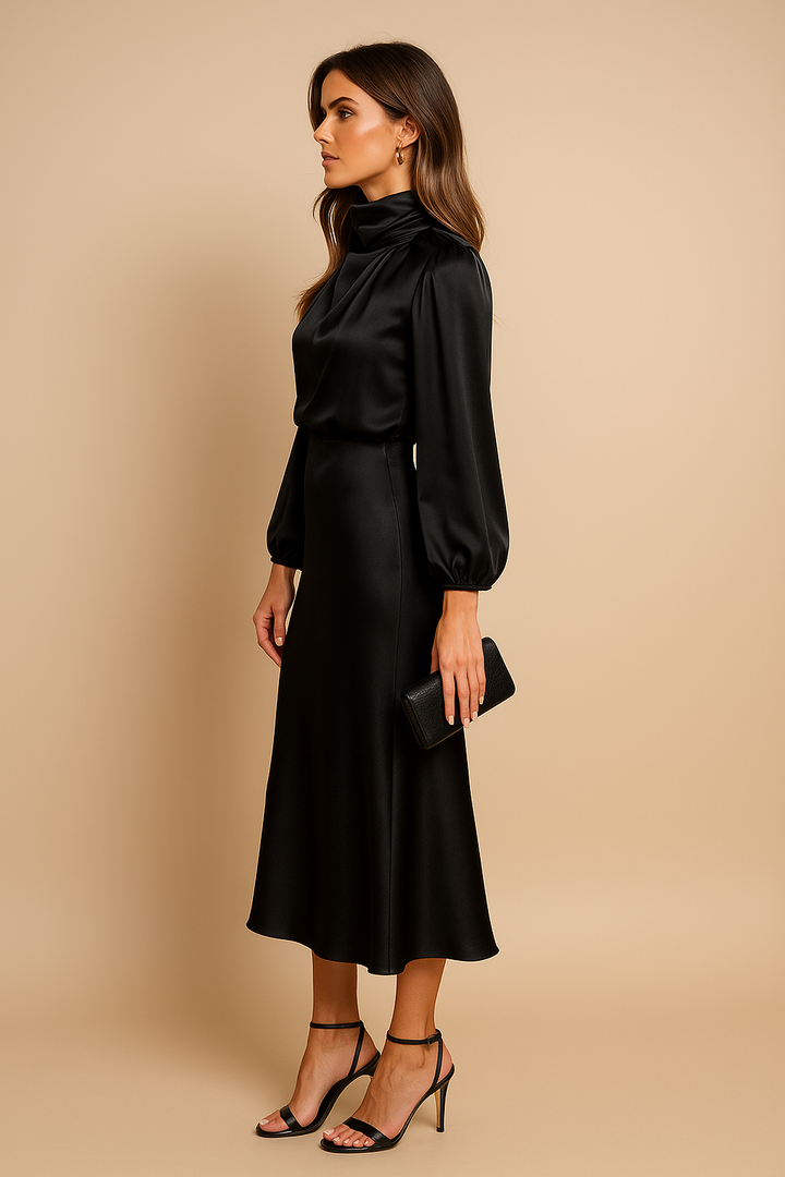 Olivia | Vestido midi elegante con cuello alto para bodas y eventos